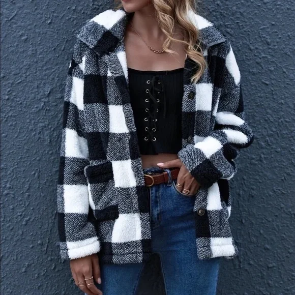 Gingham plaid button down teddy coat